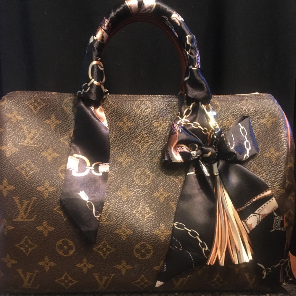 Purse scarf braided tassel charm + 2 handle covers black ivory gold stunning!!